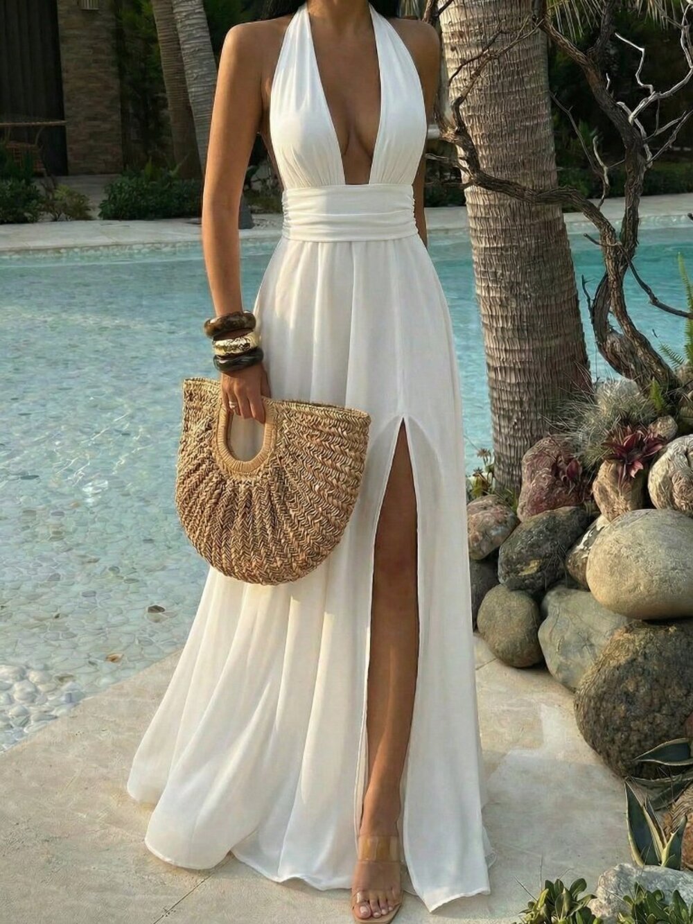 White Casual Women's Spaghetti Strap V-Neck Backless Tie-Waist Elegant Dress